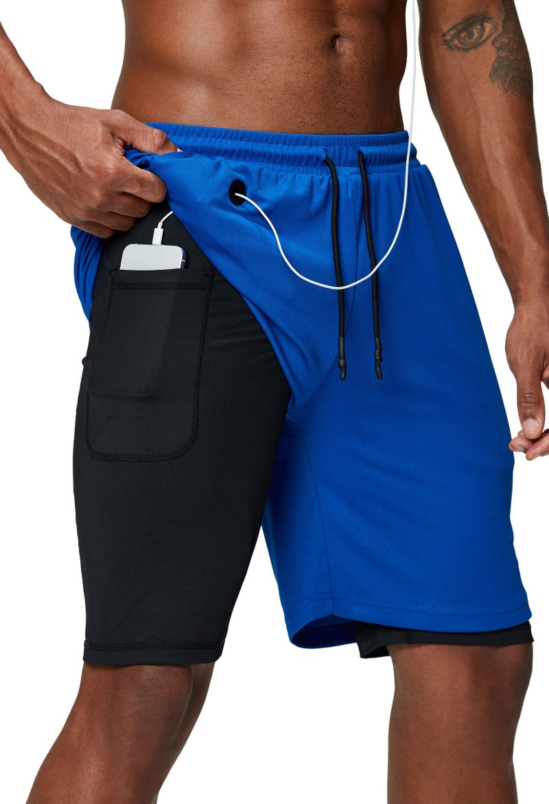 Pinkbomb Men's 2 in 1 Running Shorts Gym Workout Quick Dry Mens Shorts with Phone Pocket (Blue, Medium) - Image 1